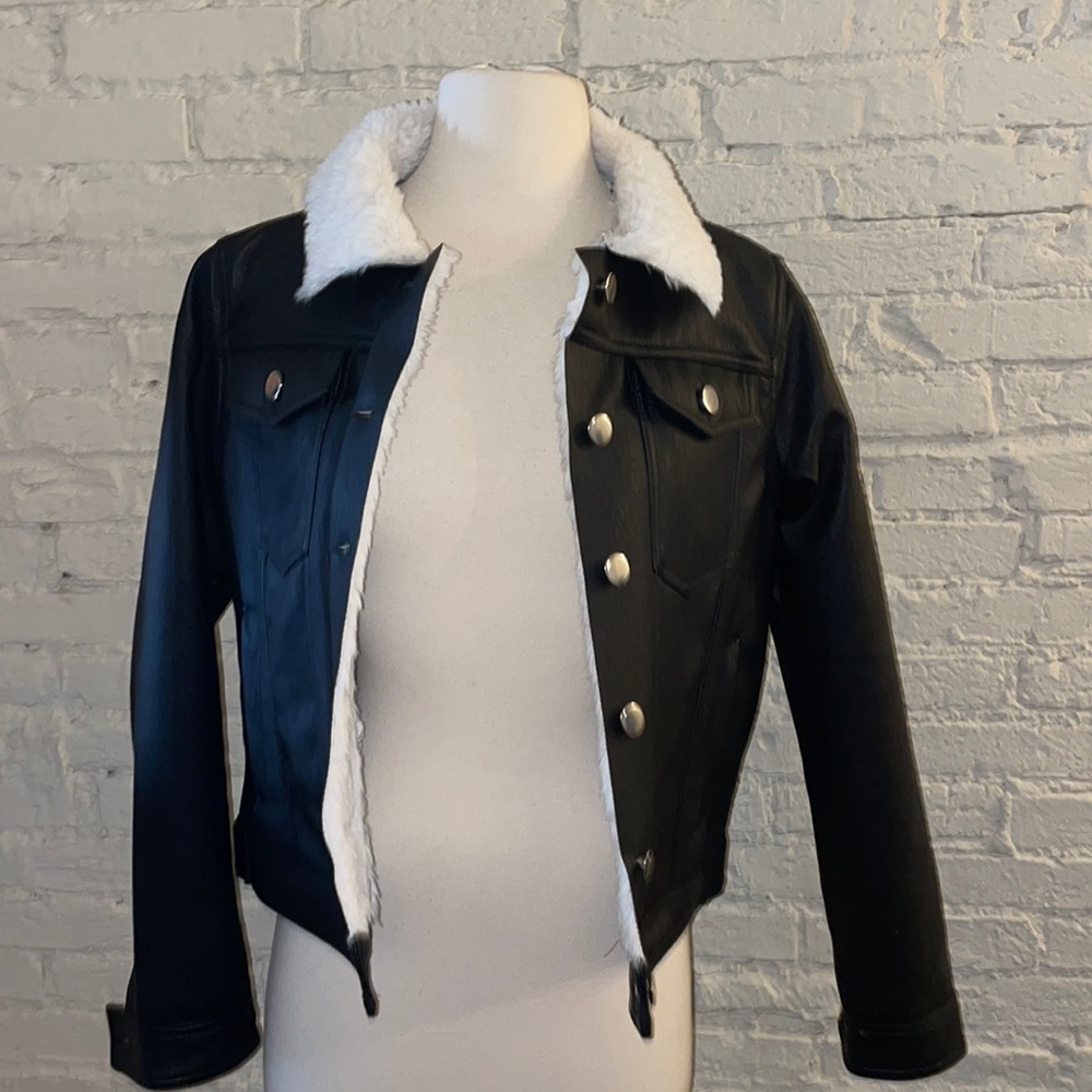 Black Vegan leather jacket w/ white Sherpa